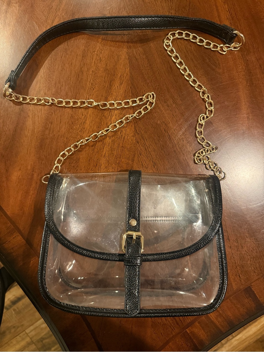 Clear Crossbody Bag with Black Trim and Gold Chain